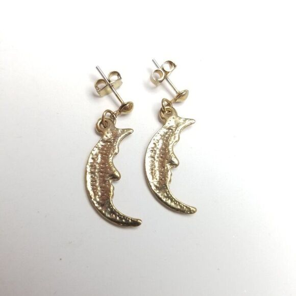 Vintage Dangle Crescent Moon Shaped Earrings, Gold Tone Drops, Estate - Picture 4 of 6